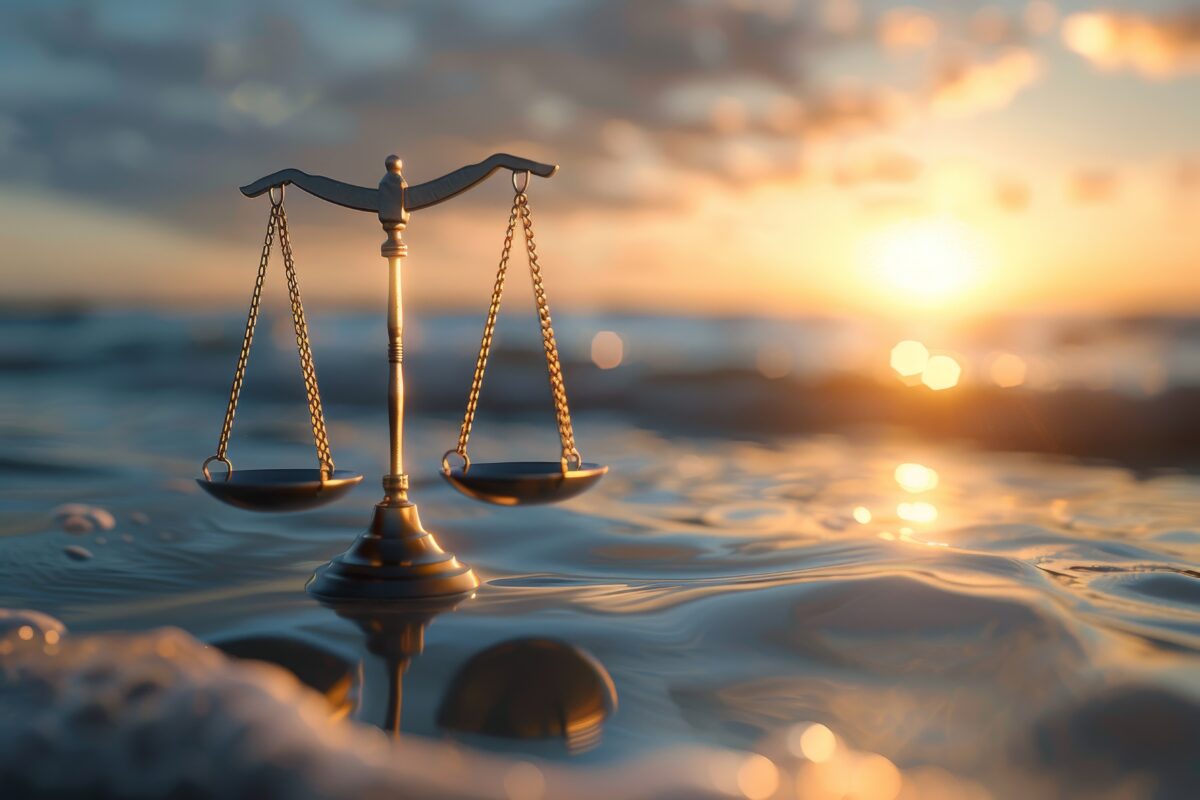 The golden scales of justice are serenely poised above the calm waters of an ocean, illuminated by the gentle light of sunrise, representing peace and order. Business Mediation